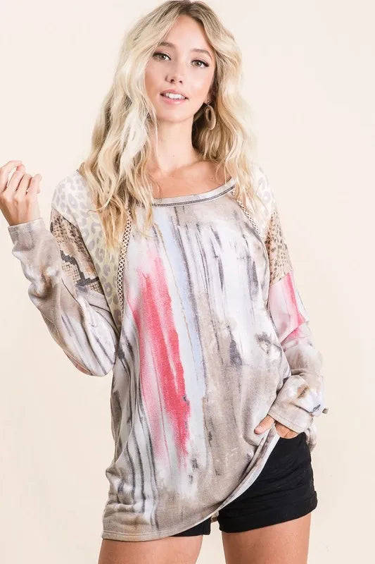 BiBi Tie Dye Knit Top with Print Block Shoulder