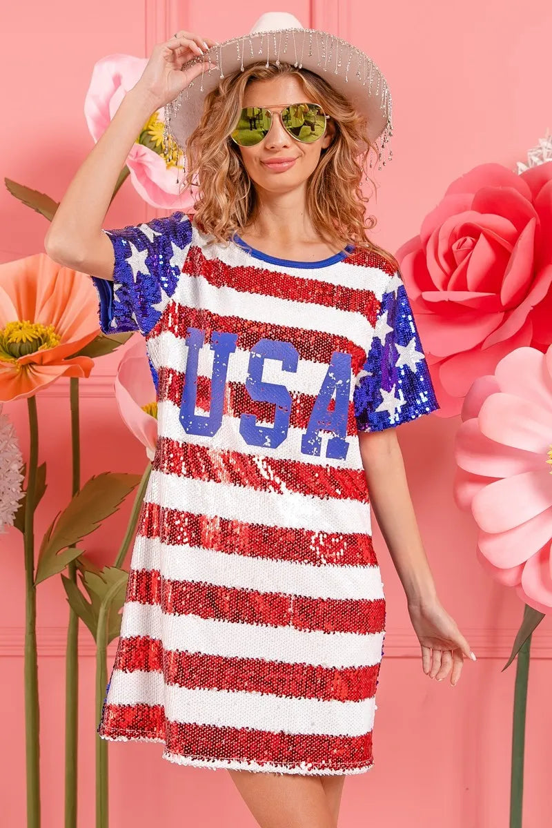 BiBi American Flag Theme Usa Print Sequin Dress
