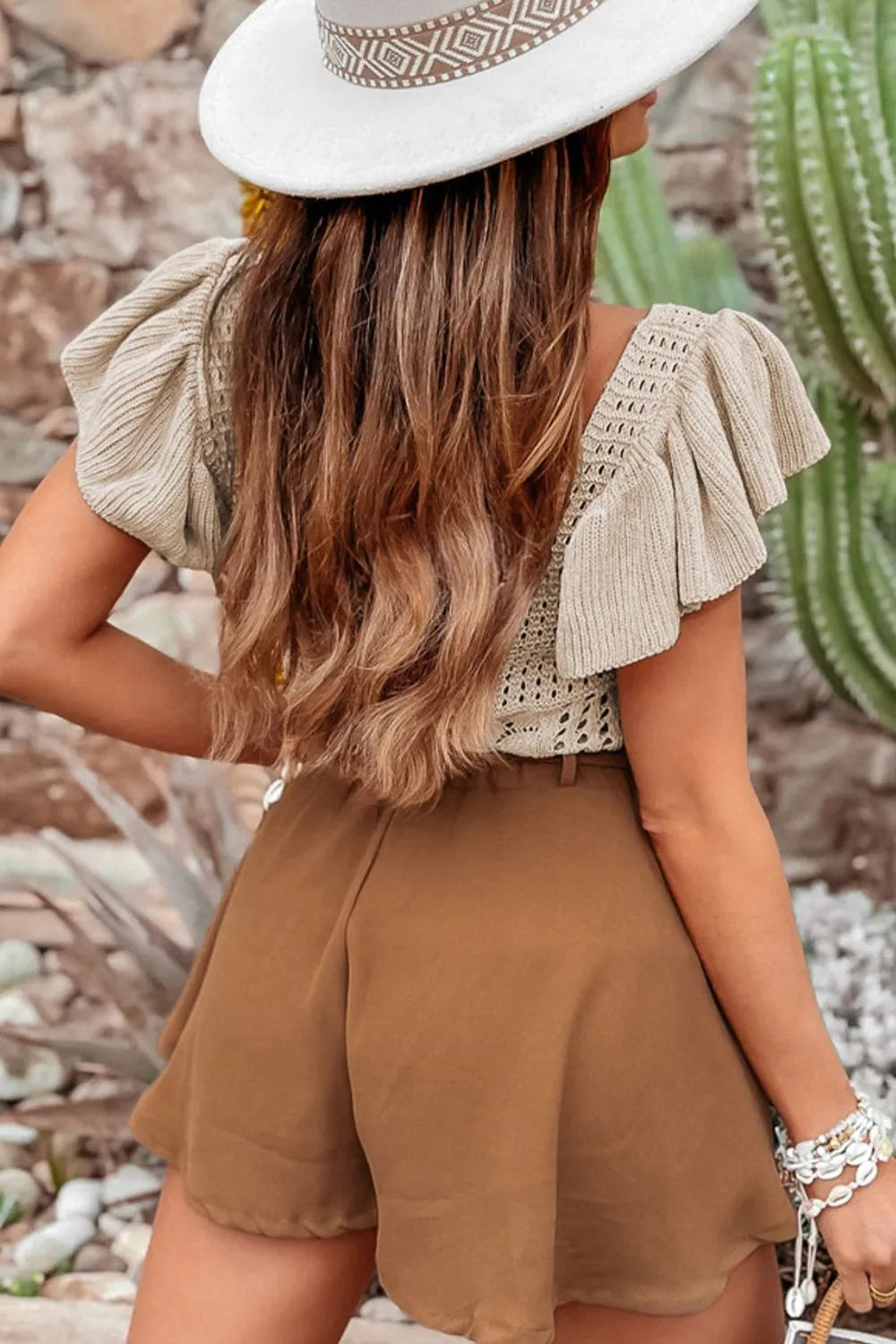 Openwork Ruffled Scoop Neck Knit Top