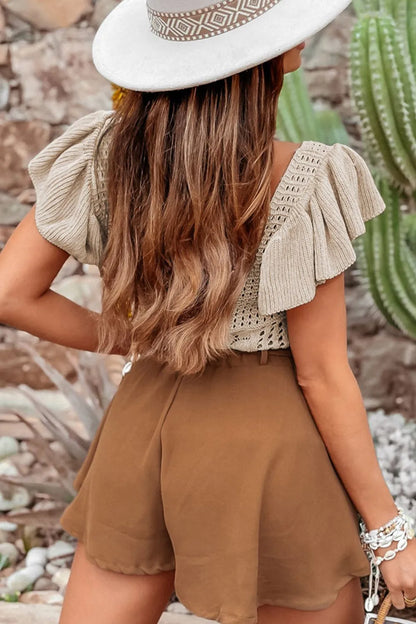 Openwork Ruffled Scoop Neck Knit Top