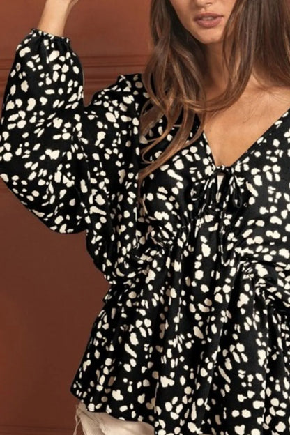 BiBi Leopard Woven Tied Spaghetti V Neck Lslv Top