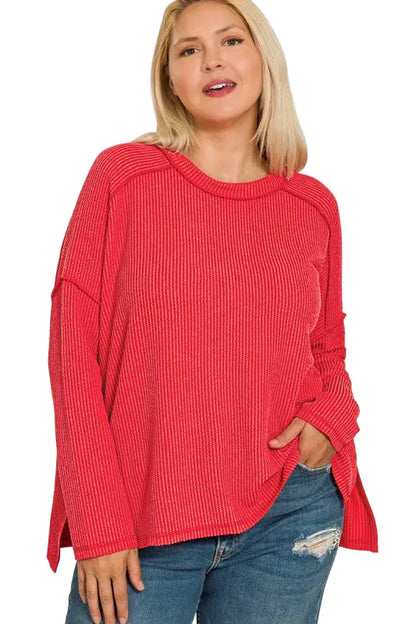 Full Size Exposed Seam Long Sleeve Corded Rib Knit Top Plus Size