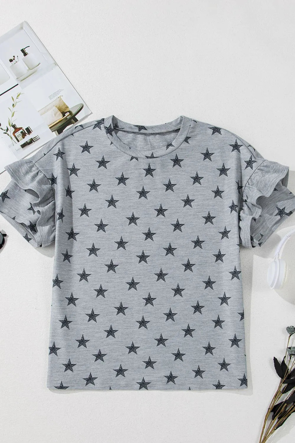 Star Print Tiered Ruffled Sleeve Crew Neck T Shirt