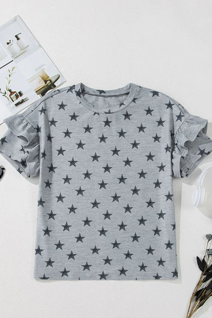 Star Print Tiered Ruffled Sleeve Crew Neck T Shirt