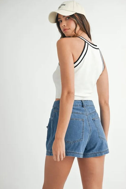 MABLE Contrast Trim Grecian Neck Cropped Tank