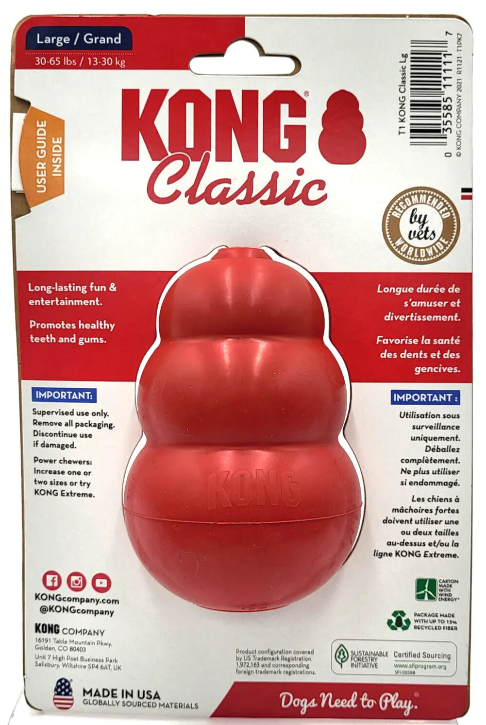 KONG Classic LARGE Durable Fetch & Chew Dog Toy Treat Stuffable 4X2.75"