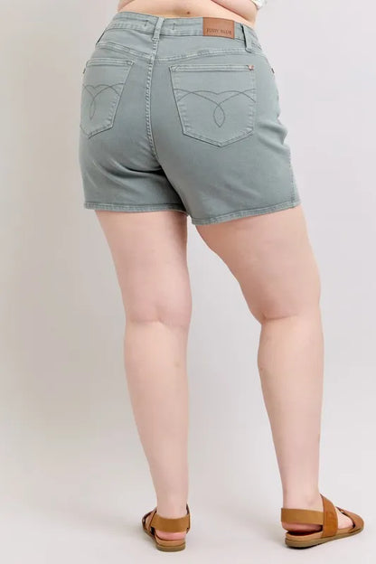 Judy Blue Full Size Hw Garment Dyed & Back Pkt Embroidery Shorts Plus Size