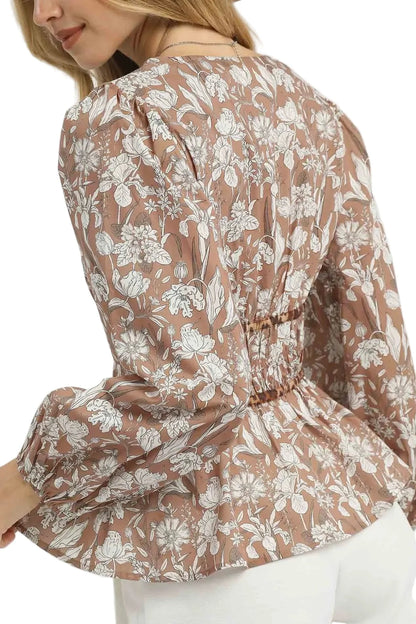 Floral Smocked Peplum Blouse with Tie Detail