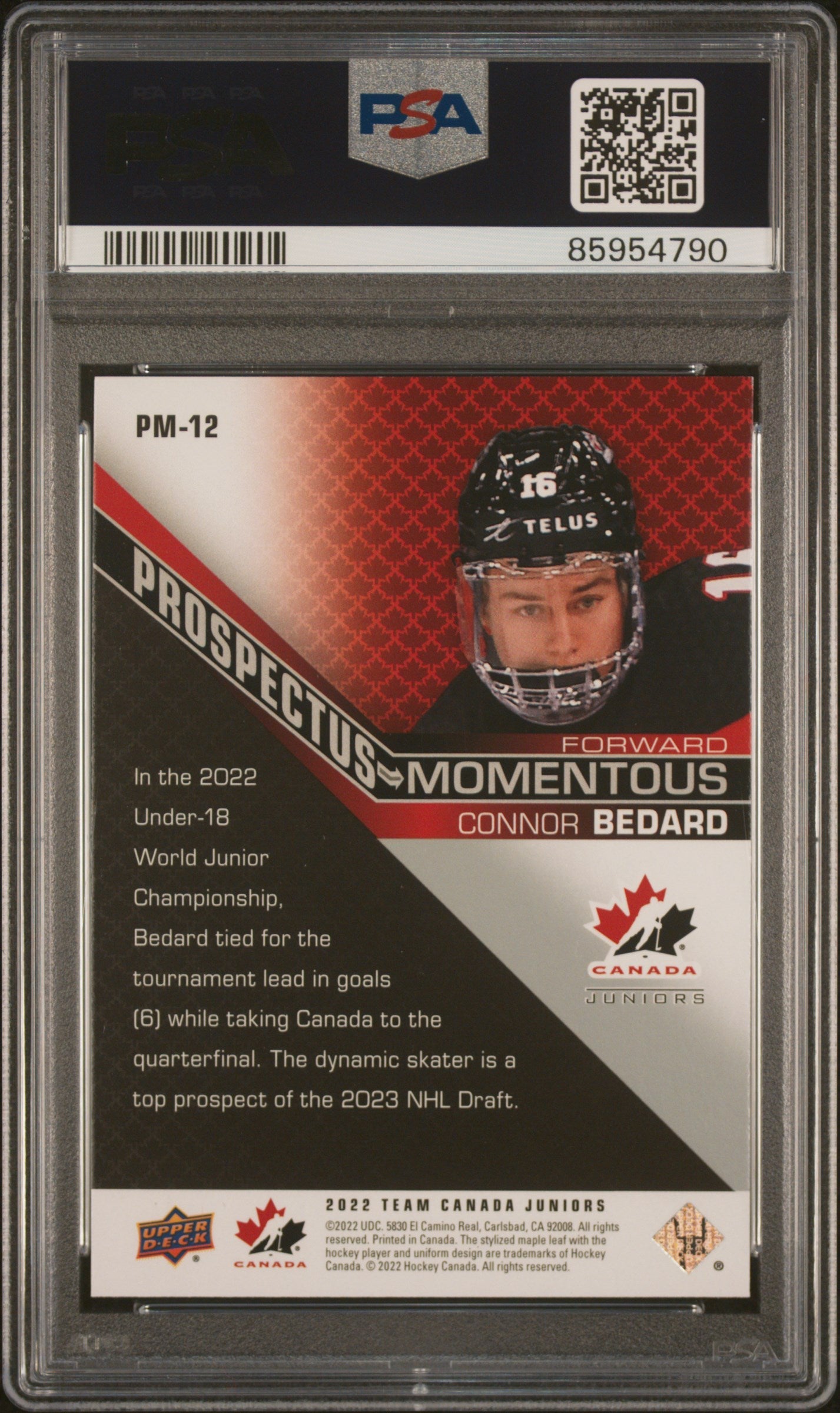 Graded 2022 Upper Deck Team Canada Juniors Connor Bedard #12 Prospectus Momentous Rookie RC Hockey Card PSA 8 Near Mint