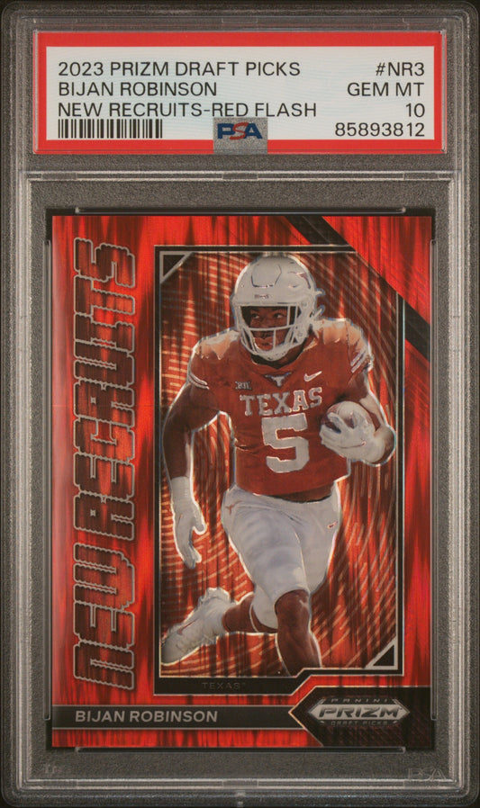 Graded 2023 Panini Prizm Draft Picks Bijan Robinson #NR3 New Recruits Red Flash Rookie RC Football Card PSA 10 Gem Mint