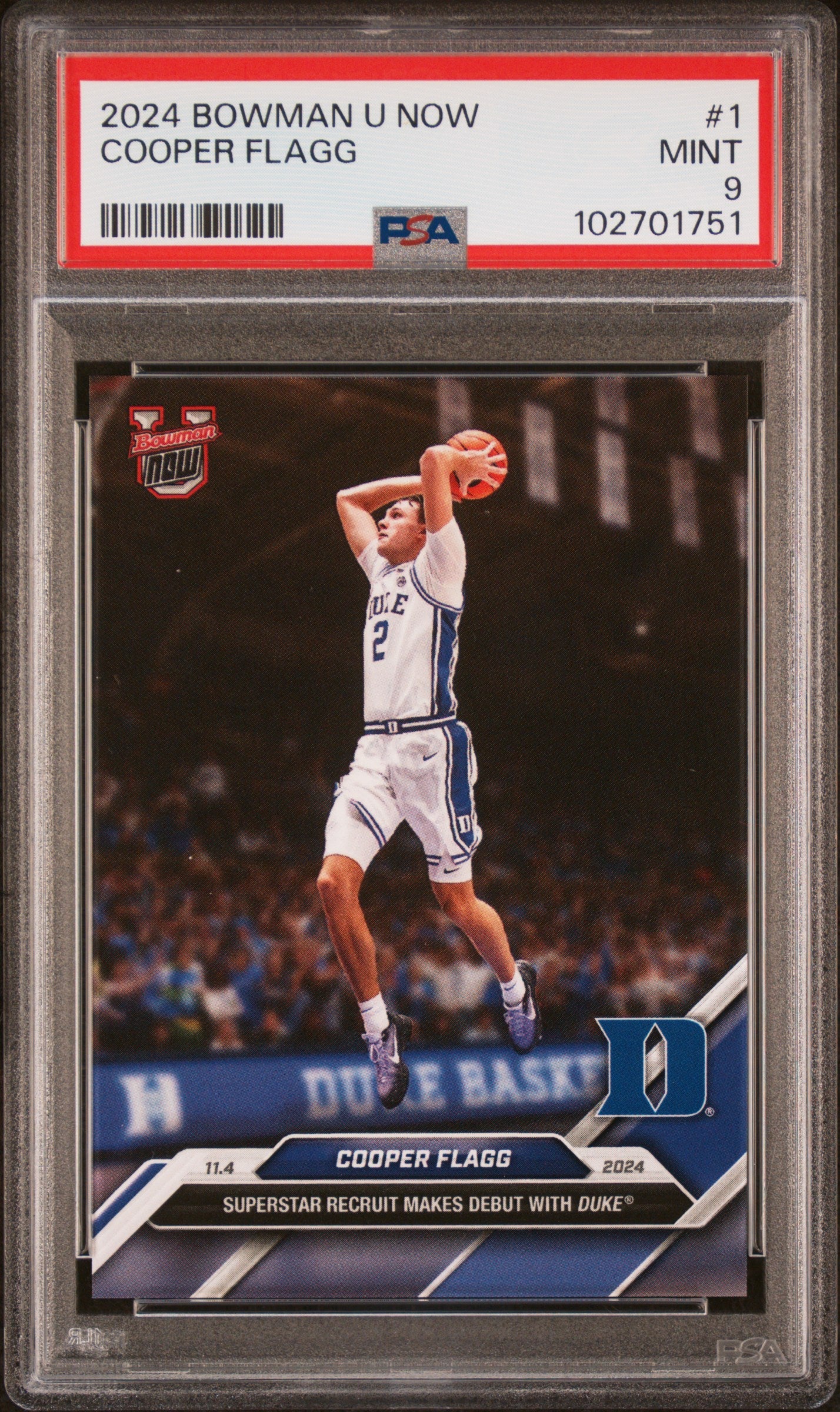 Graded 2024 Topps Bowman U Now Cooper Flagg #1 NCAA Debut Rookie RC Basketball Card PSA 9 Mint
