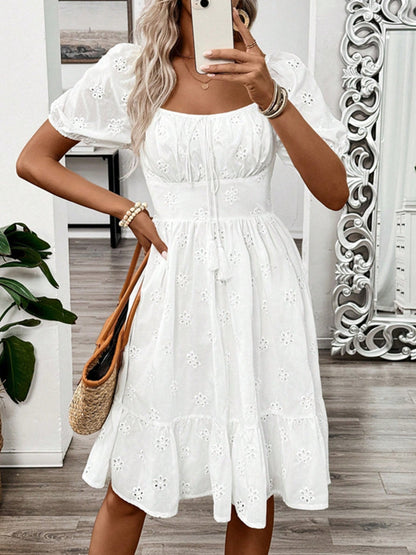 Smocked Eyelet Square Neck Puff Sleeve Mini Dress