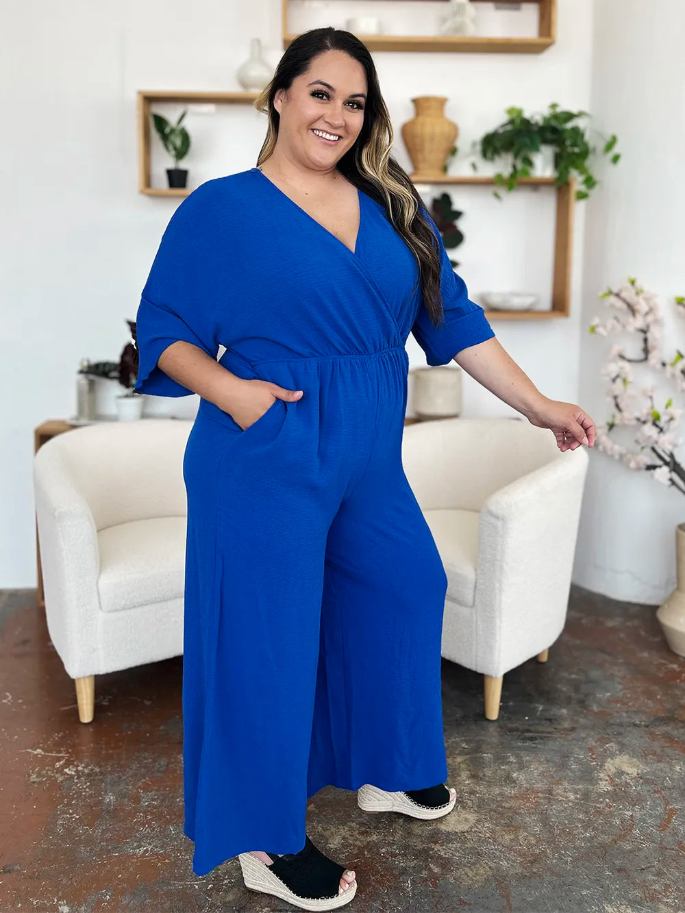 Full Size Surplice Wide Leg Jumpsuit with Pockets