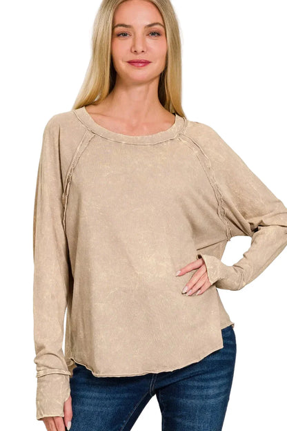Crinkle Washed Thumb Hole Cuffs Long Sleeve Top