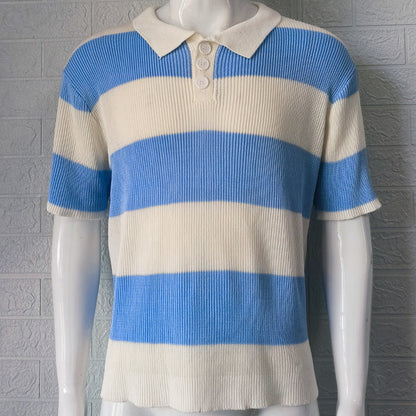 Striped Knit Polo Shirt - Acrylic Lapel Collar Short Sleeve