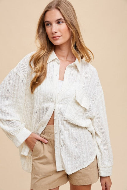 Annie Wear Openwork Button Down Drop Shoulder Shirt #3