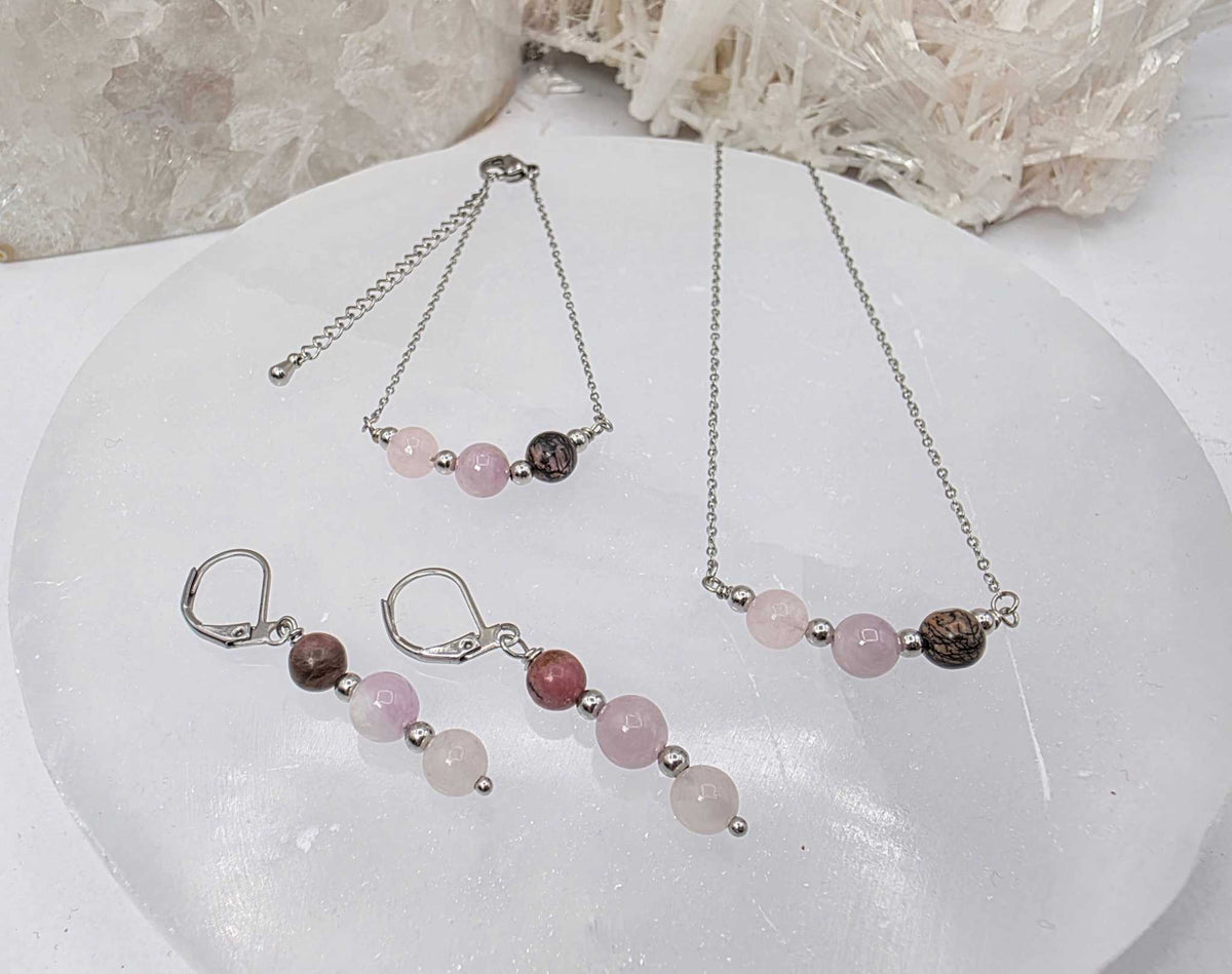 I AM ENOUGH - Kunzite, Rose Quartz, Rhodonite Gem Jewelry Set