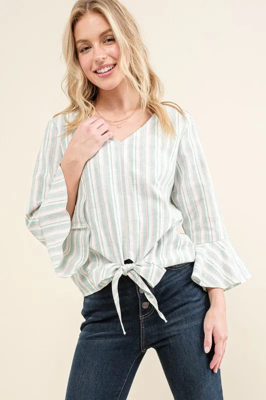 And The Why Stripe Tie Knot Front Bell Sleeve Top
