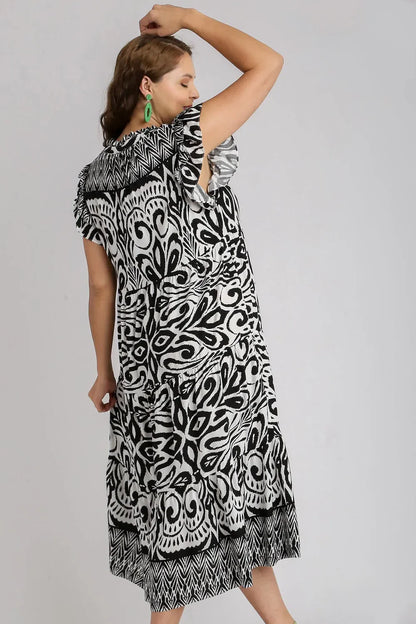 Umgee Full Size Two Tone Border Print Ruffle Cap Sleeve Midi Dress Plus Size