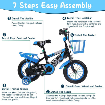 12In Kids\' Bike with Training Wheels Children Bicycle with Helmet Basket Rear Seat Chain Guard for Boys Aged 2-4