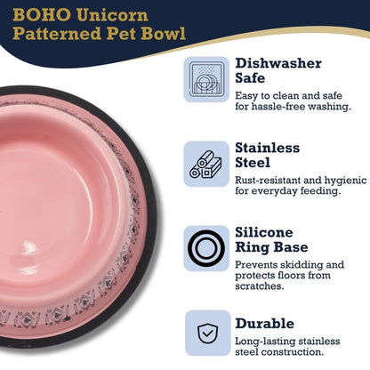 Non-Skid Boho Stainless Steel Dog Bowl – with Whimsical Unicorn Design, Silicone Base for Medium Dogs – 24oz