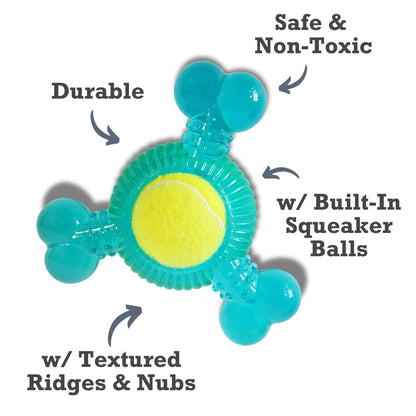 3-Bone TPR Chew Toy with Squeaker & Tennis Ball for Dogs – Removable Ball & Interactive Play