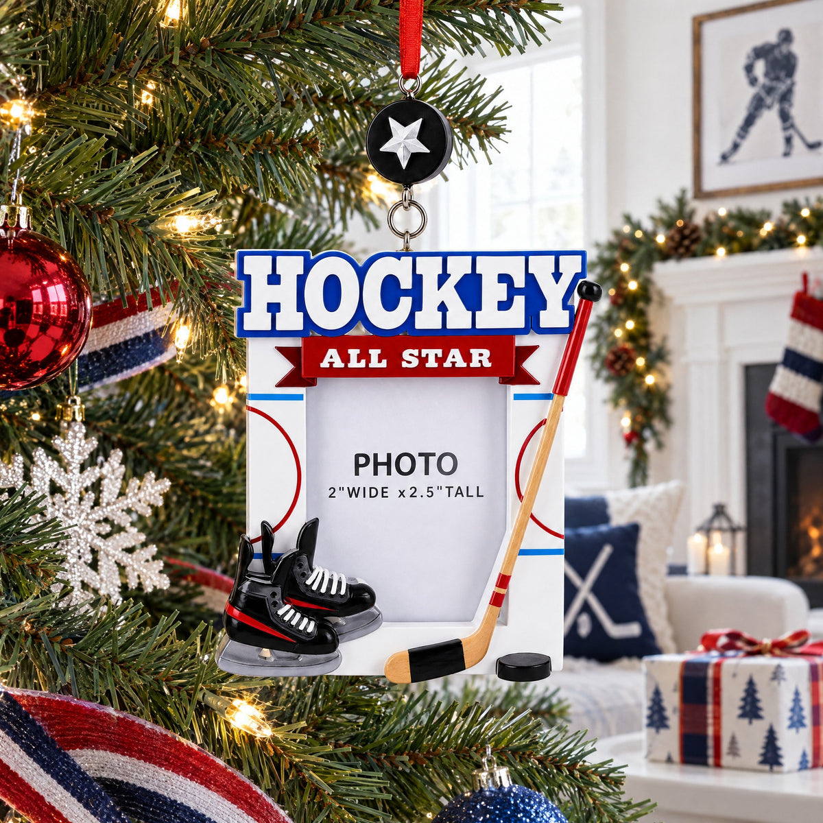 Ice Hockey Star Picture Frame Skates Puck Resin Christmas Ornament