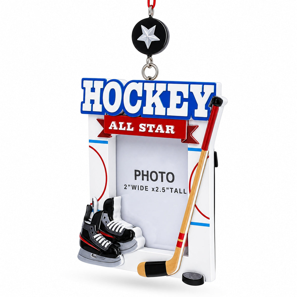 Ice Hockey Star Picture Frame Skates Puck Resin Christmas Ornament