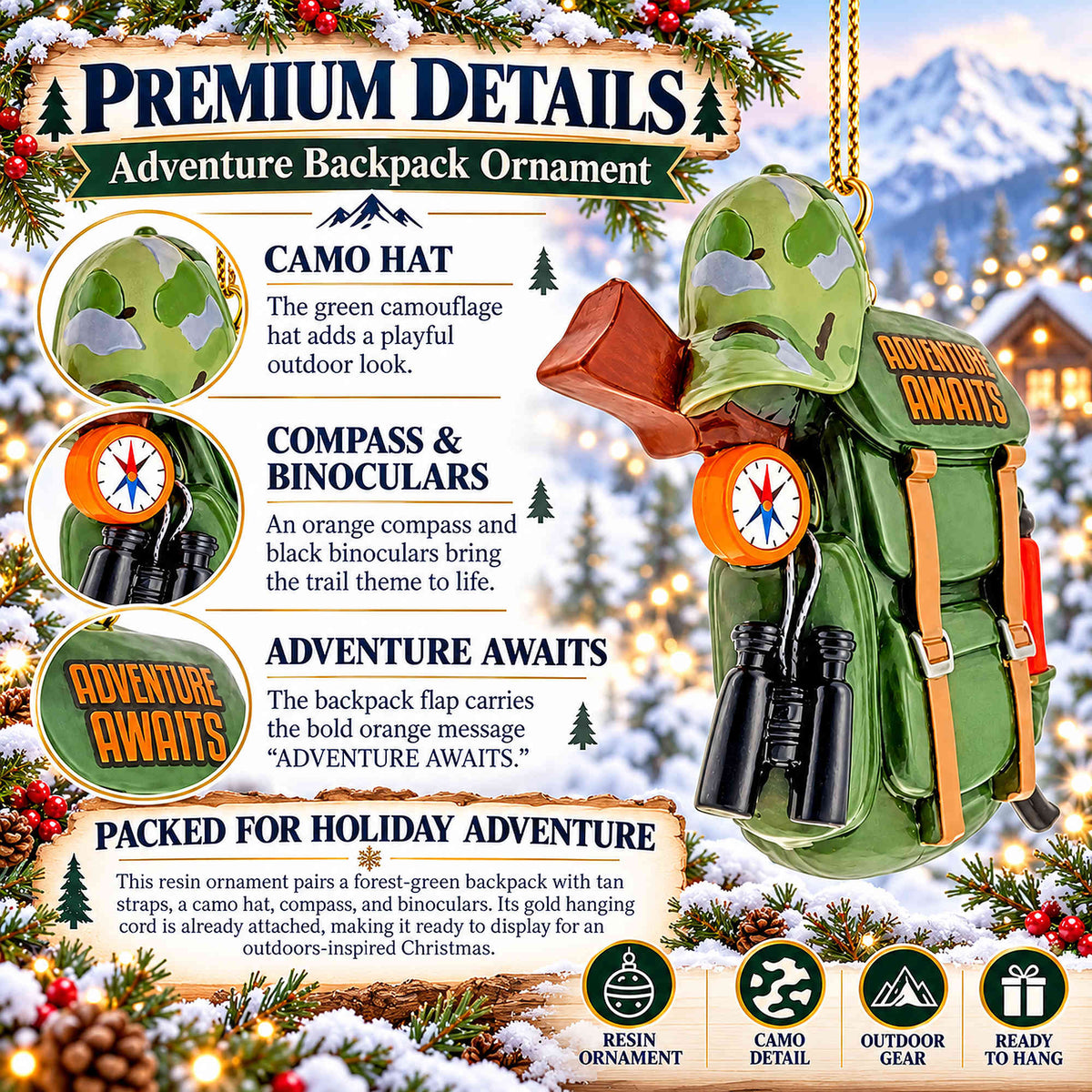 Hiking Camping Adventure Backpack Camo Binoculars Resin Christmas Ornament