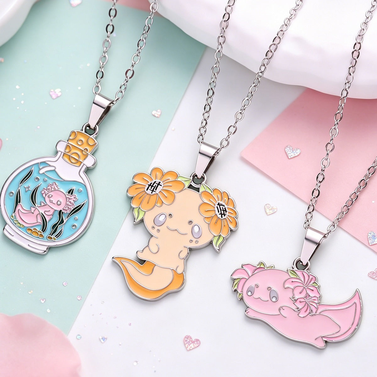 Cute Enamel Axolotl Pendant Necklace