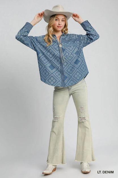 Garden Naked Paisley Print Denim Shirt Jacket