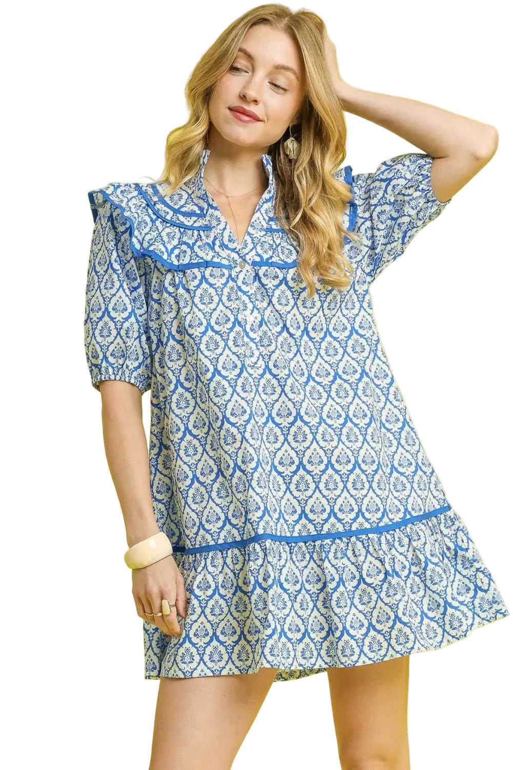 Ruffled Printed Puff Sleeve Mini Dress