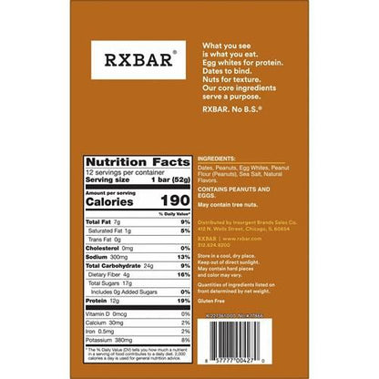 Rxbar Protein Bars, 12G Protein, Gluten Free Snacks, Snack Bars, Peanut Butter, 22Oz Box (12 Bars)