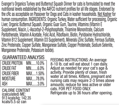 Evanger's All Life Stages Organics Turkey & Butternut Squash Dinner Wet Cat Food (5.5oz)