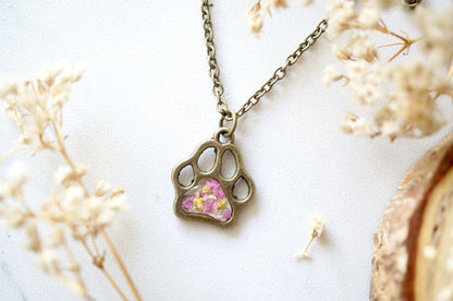 Real Dried Flowers in Resin Necklace, Dog Paw in Pink Yellow White