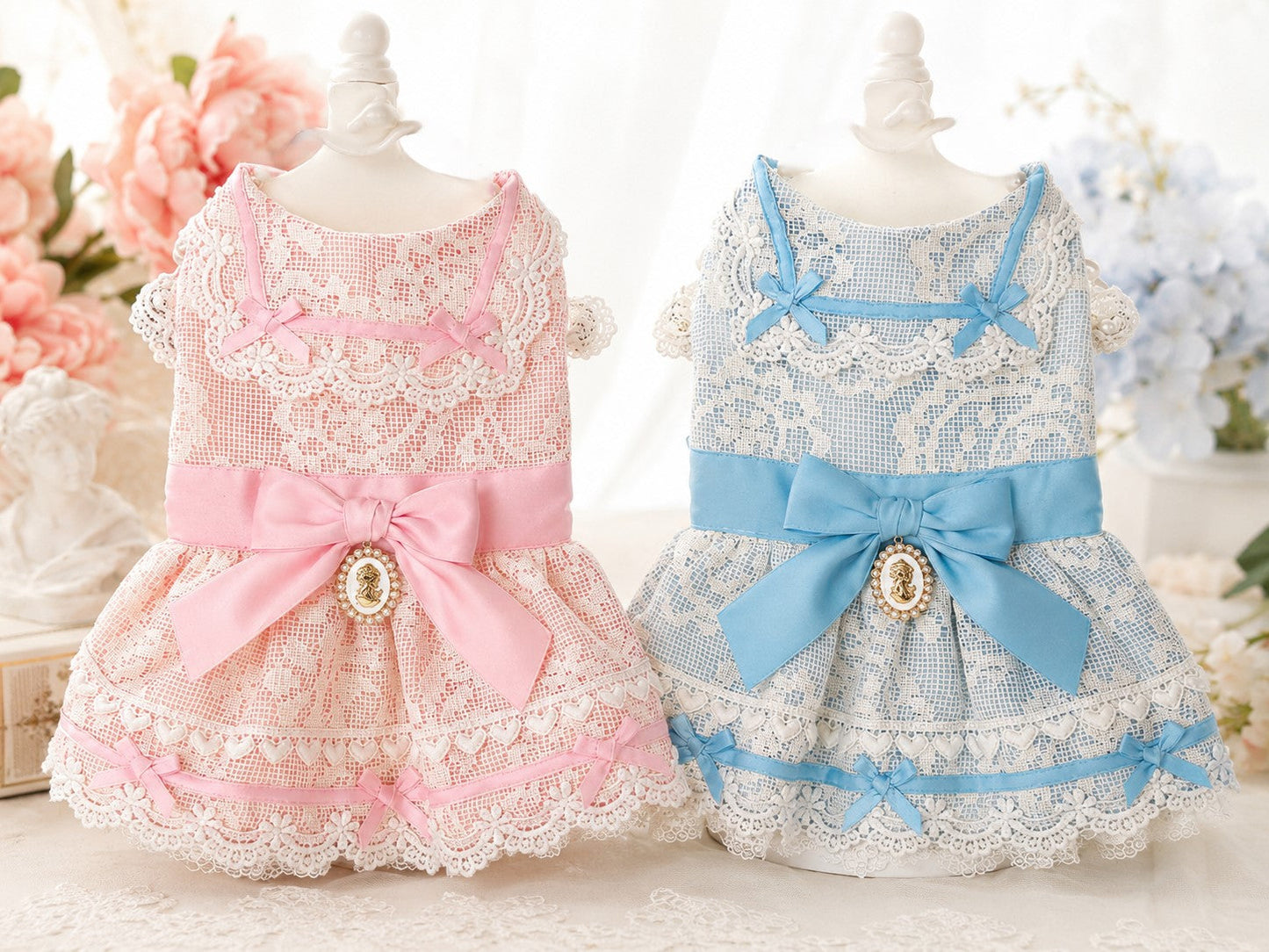 Luxury French Lace Princess Dog Dress with Satin Bow for Small Dogs