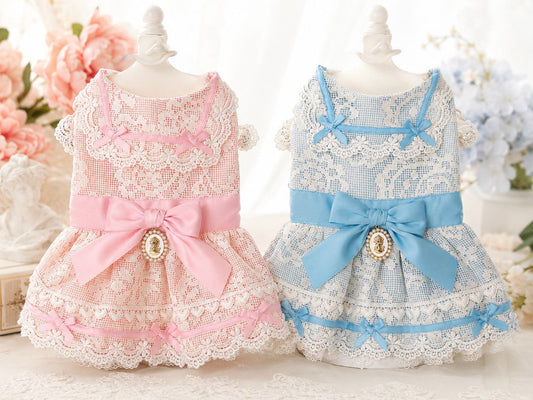 Luxury French Lace Princess Dog Dress with Satin Bow for Small Dogs