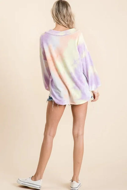 BiBi Tie Dye French Terry V-Neck Top with Puff Sleeves