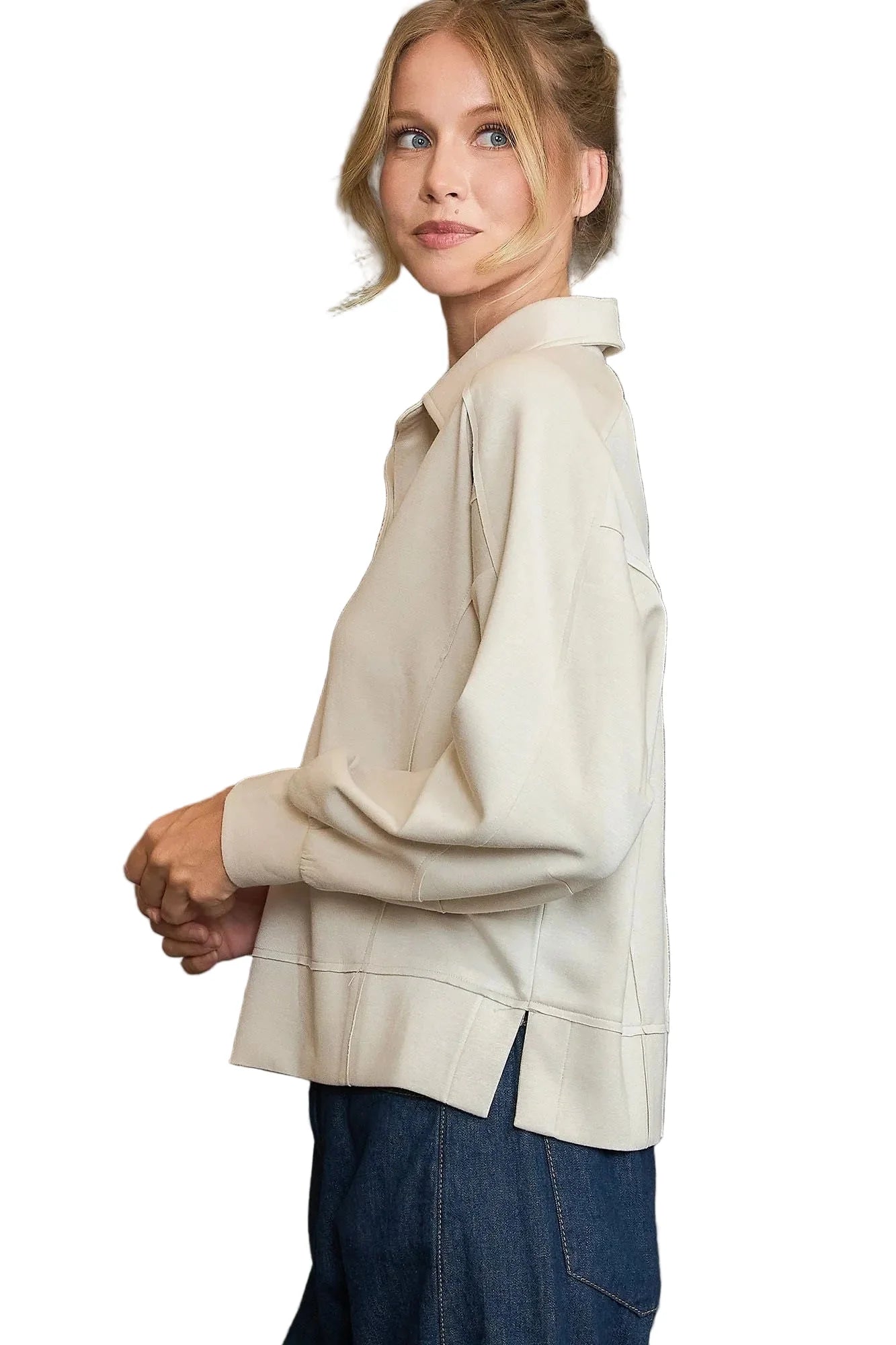 Collared Neck Long Sleeve Top with Raw Hem Detail