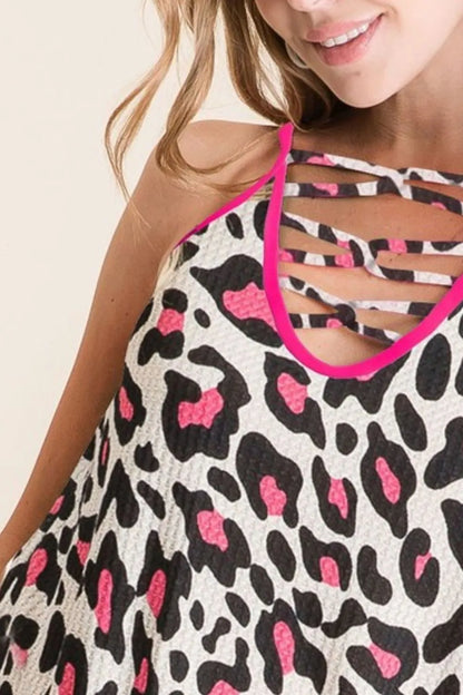 BiBi Leopard Print Caged Neck Knit Camisole