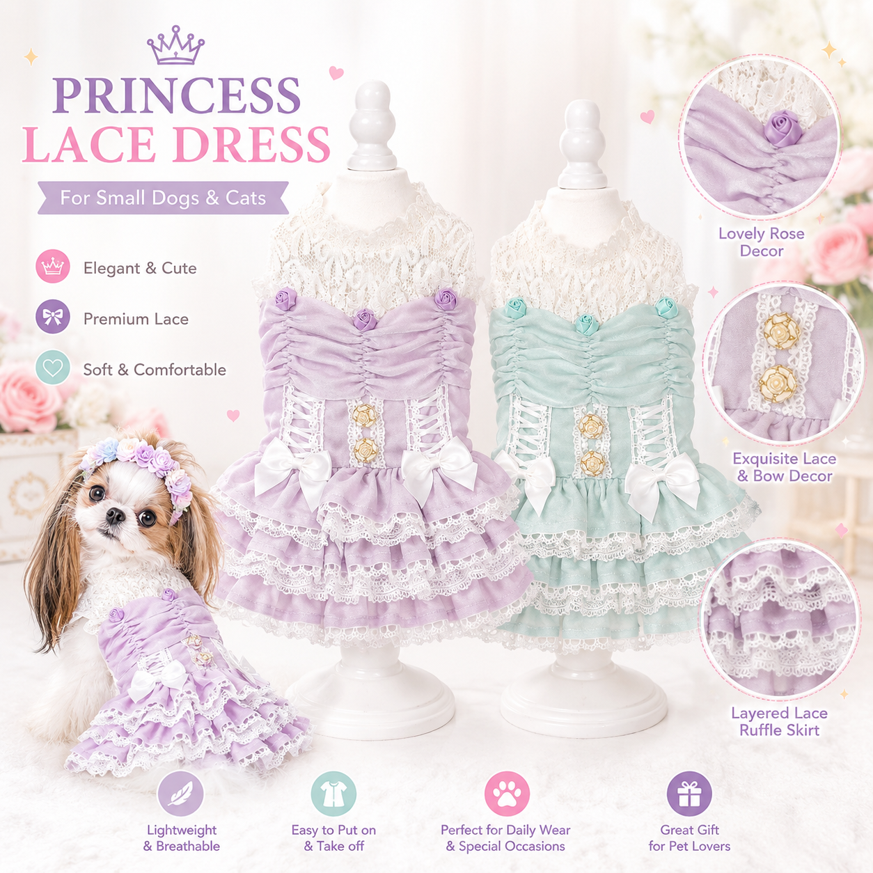 Luxury Lace Princess Dog Dress with Corset Bow | Boutique Small Dog Dress