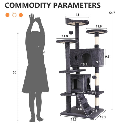 Ultimate 54-Inch Double Condo Cat Tree Tower with Scratching Post & Cozy Perch for Indoor Cats - Stylish Ashy Design