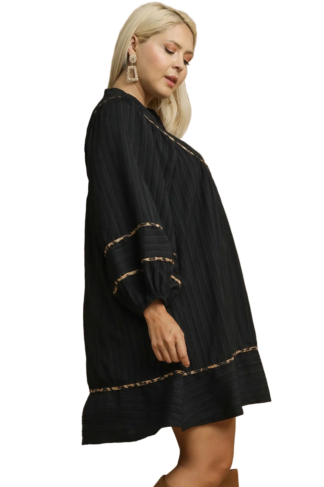 Full Size Textured Babydoll Dress with Leopard Trim Plus Size