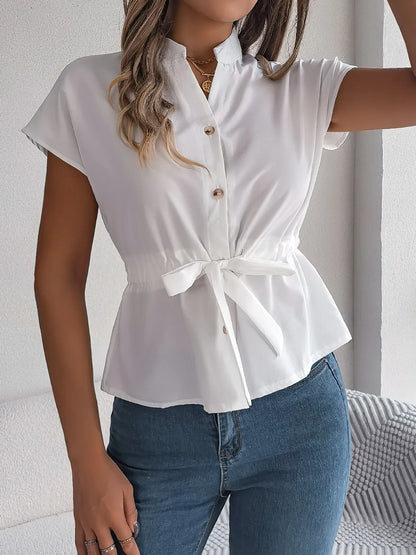 Notched Short Sleeve Blouse