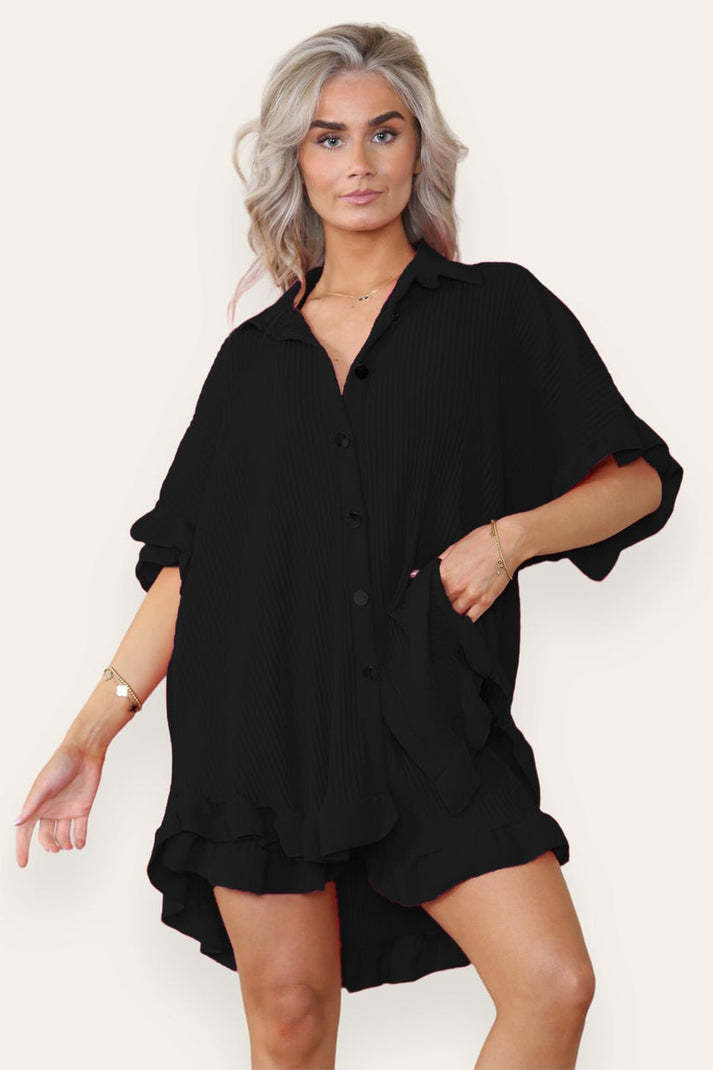 Women’s Ruffle Co-Ord Set – Oversized Button Shirt & Shorts