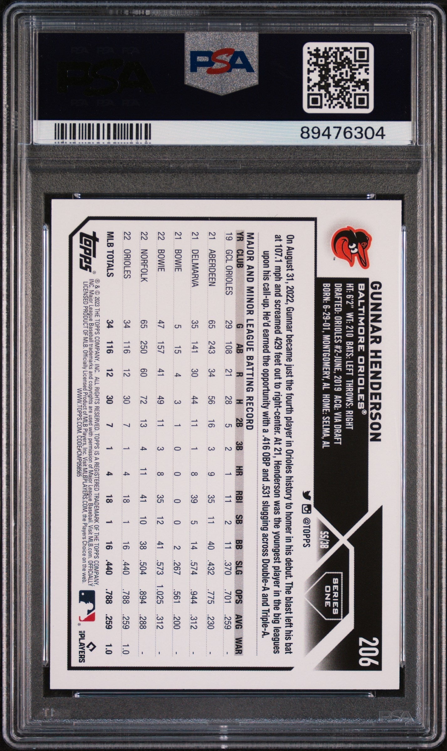 Graded 2023 Topps Gunnar Henderson #206 Rookie RC Baseball Card PSA 10 Gem Mint