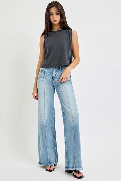 RISEN Full Size Mid Rise Wide Jeans with Front Patch Pocket Plus Size