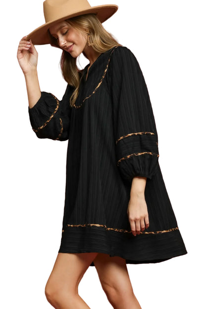 Full Size Textured Babydoll Dress with Leopard Trim Plus Size