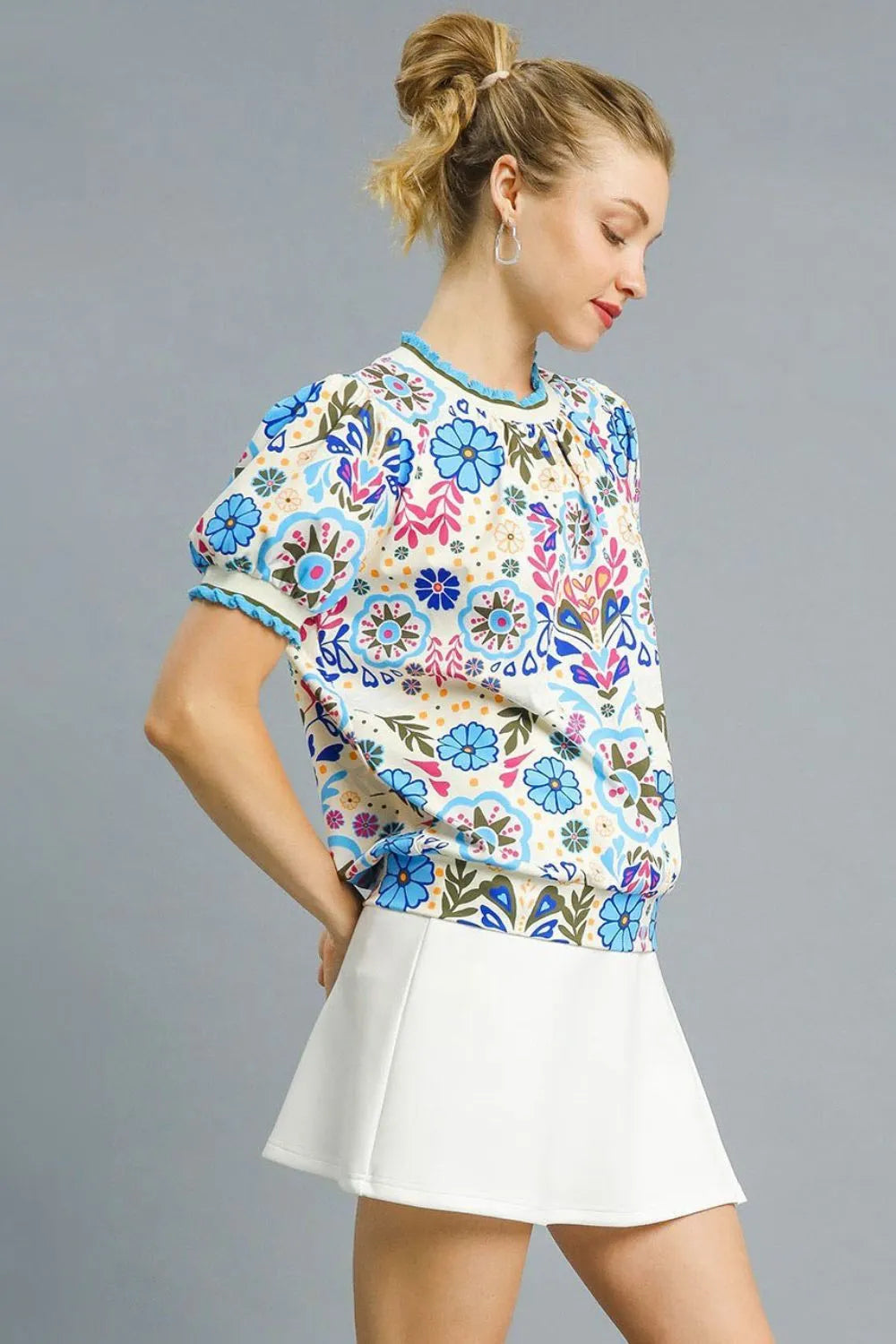 Umgee Retro Floral Puff Sleeve Top