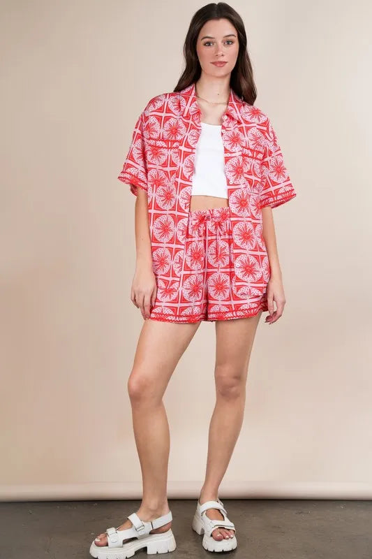VERY J Full Size Tropical Printed Shirt Top and Shorts Set Plus Size